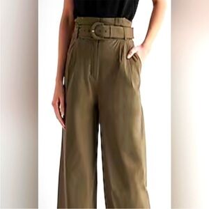 Express Green Belted Wide Leg Pants with Paper-Bag Waist